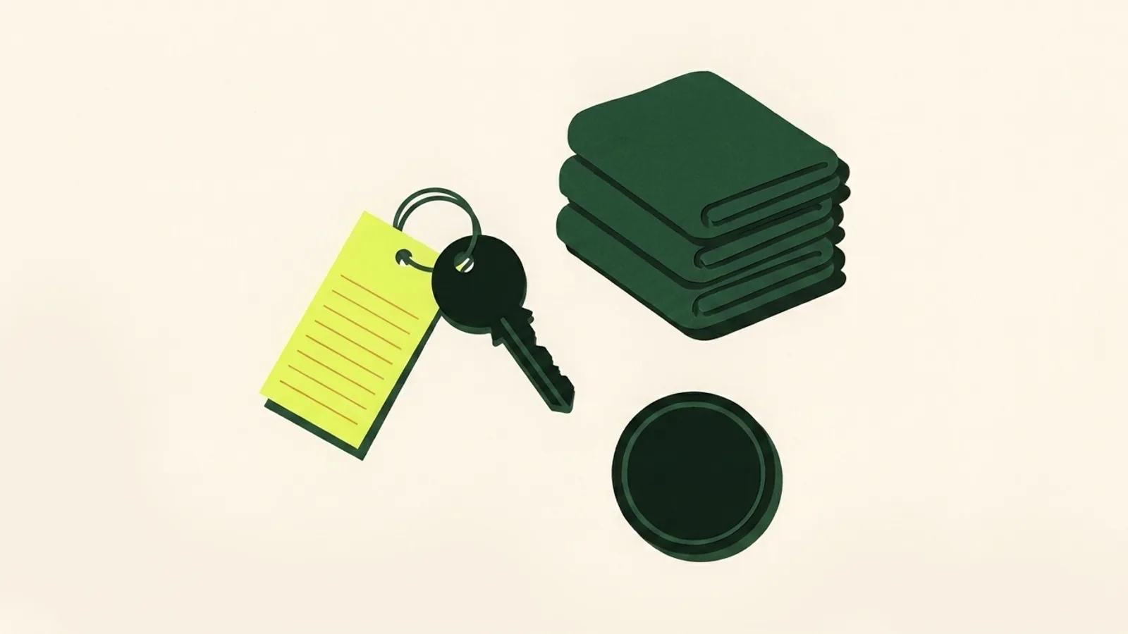 A cut-paper illustration seen from above: a door key on a ring with a plain paper tag, a stack of three folded towels, and a small round door number plate with a blank face.